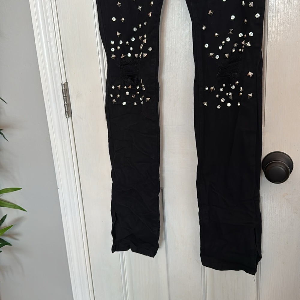 Black studded rocker distressed denim skinny jeans XL - Picture 3 of 13